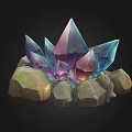 Glowing Blue Crystal Cluster Surrounded by Natural Stones and Rocks