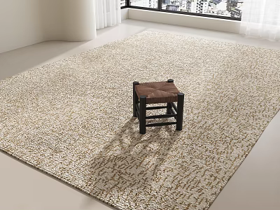 Neutral Toned Square Rug With Textured Pattern In Bright Room With Wooden Stool And Natural Light 3d model