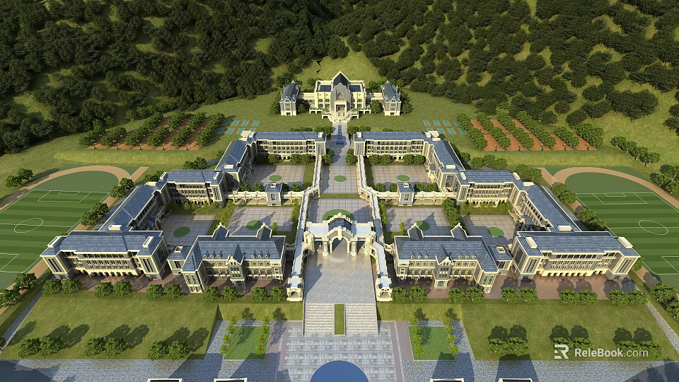 Aerial View of Large School Campus With Symmetrical Buildings Green Lawns and Central Plaza 3d model 