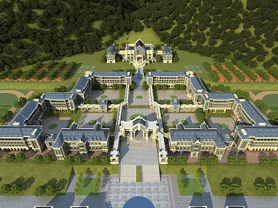 Aerial View of Large School Campus With Symmetrical Buildings Green Lawns and Central Plaza 3d model