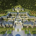 Aerial View of Large School Campus With Symmetrical Buildings Green Lawns and Central Plaza