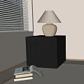 Black Grid Design Bedside Table With White Table Lamp And Open Book By Window 3d model