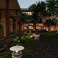 Traditional Japanese Café with Courtyard Wooden Design Stone Path Green Plants Sofas and Serene Atmosphere