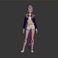 Stylish Woman with Purple Hair Wearing Purple Top Silver Shorts White Boots and Fringe Details