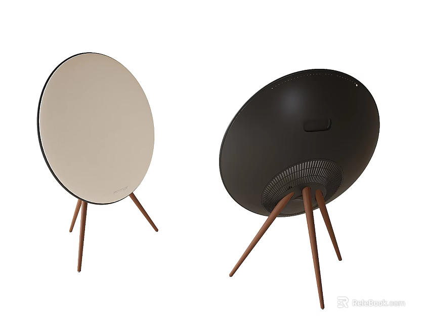 Round Beige and Black Speakers with Wooden Tripod Stands Design 3d model 