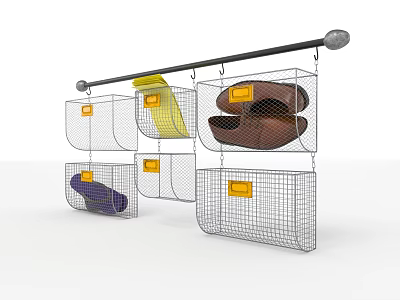 Wall Mounted Wire Mesh Storage Rack with Multi Colored Baskets and Yellow Tags 3d model
