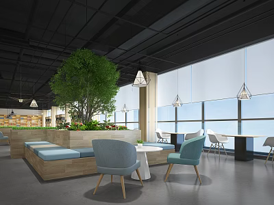Casual Lounge Area With Modern Large Green Tree Wooden Bench Blue Chairs And Pendant Lights 3d model