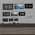 Various Size Televisions With Time Displays And Scenic Wallpapers On Wall