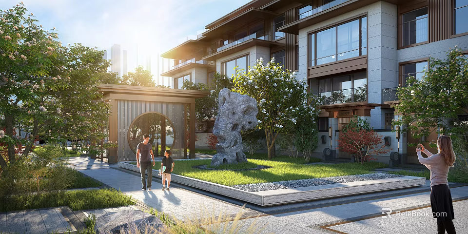 Contemporary Residential Landscape With Courtyard Stone Sculpture Green Lawn Trees And People Walking 3d model 