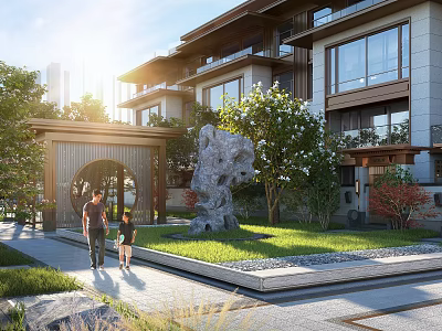 Contemporary Residential Landscape With Courtyard Stone Sculpture Green Lawn Trees And People Walking 3d model