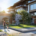 Contemporary Residential Landscape With Courtyard Stone Sculpture Green Lawn Trees And People Walking