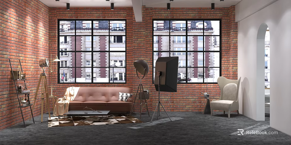 Stylish Interior Design With Brick Walls Large Windows Sofa Armchair And Floor Lamp 3d model 