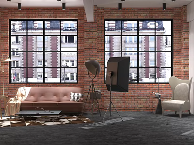 Stylish Interior Design With Brick Walls Large Windows Sofa Armchair And Floor Lamp 3d model