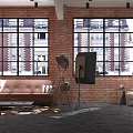 Stylish Interior Design With Brick Walls Large Windows Sofa Armchair And Floor Lamp