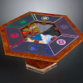 Unique Octagonal Wooden Table With Colored Symbols And Central Decorative Design