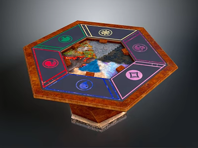 Unique Octagonal Wooden Table With Colored Symbols And Central Decorative Design 3d model