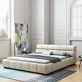 Modern Minimalist Double Bed With Upholstered Headboard Gray Pillows Side Tables Love Artwork Floor Lamp