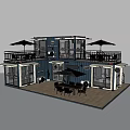 Modern Shipping Container Building With Outdoor Balcony Wooden Deck Dining Set And Umbrellas