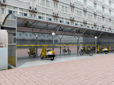 Metal Frame Bicycle Scooter Canopy Near Multi Storey Building with Brick Paved Ground 3d model