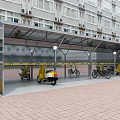 Metal Frame Bicycle Scooter Canopy Near Multi Storey Building with Brick Paved Ground