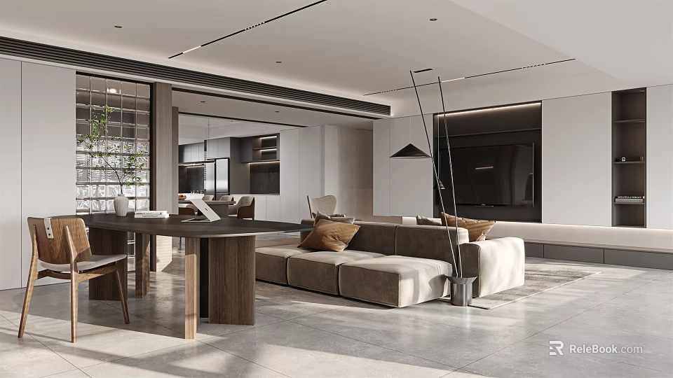 Modern Living And Dining Room Interior With Sofa Dining Table And Soft Lighting 3d model