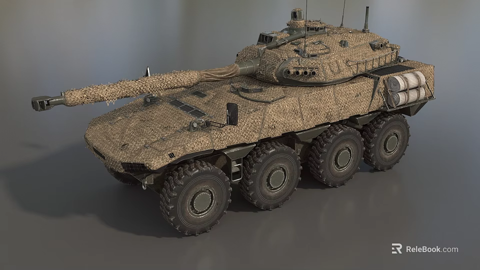 Modern Wheeled Armored Tank With Camouflage Paint Long Barrel And Antennas 3d model 