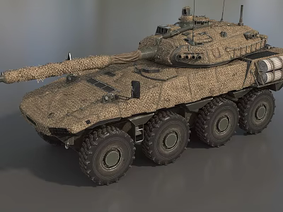 Modern Wheeled Armored Tank With Camouflage Paint Long Barrel And Antennas 3d model