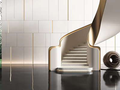 Modern Spiral Staircase Interior Design With White Walls Gold Accents And Black Polished Floor 3d model