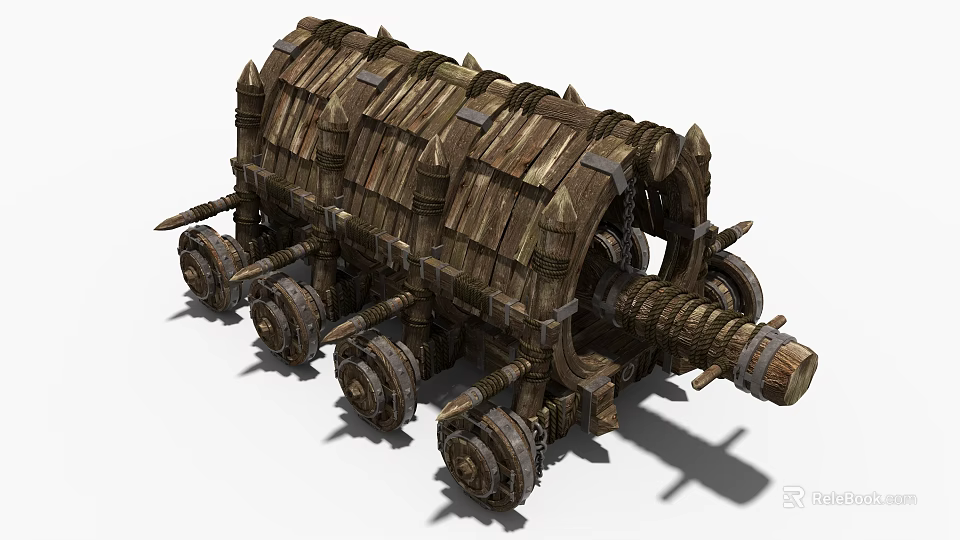 Ancient Wooden Siege Weapon With Large Wheels And Sharp Spikes Structure 3d model 