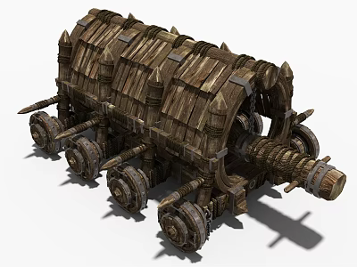 Ancient Wooden Siege Weapon With Large Wheels And Sharp Spikes Structure 3d model