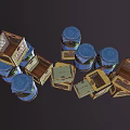 Vintage Wooden Boxes and Metal Jars in Yellow and Blue Colors Stacked Together