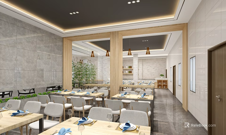 Spacious Restaurant Interior With Stone Walls Wooden Columns Light Tables Chairs And Green Plants 3d model 