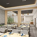 Spacious Restaurant Interior With Stone Walls Wooden Columns Light Tables Chairs And Green Plants