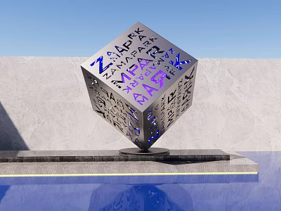 Cube Shaped Metallic Landscape Sculpture With Letters On Water Platform Against Blue Sky 3d model