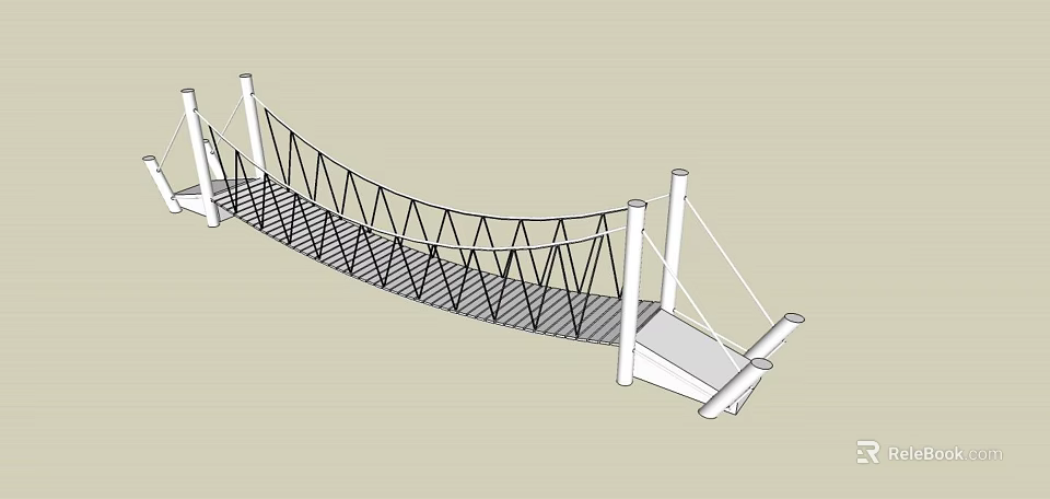 Modern Landscape Bridge Featuring Arched Suspension Structure White Pillars And Black Mesh Railings 3d model 