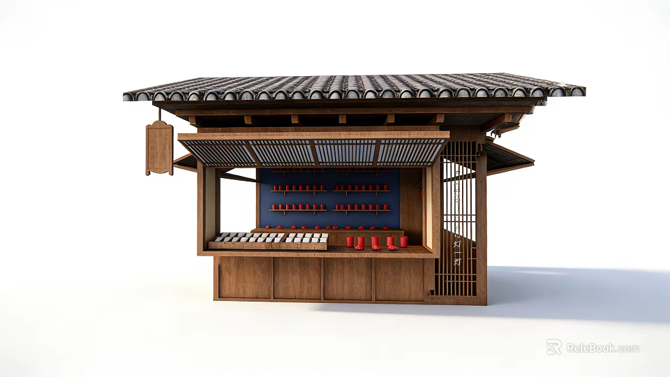 Japanese Style Container Building With Wooden Structure Tile Roof And Open Front Display Shelves 3d model 