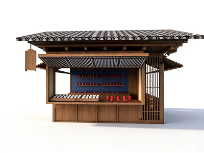 Japanese Style Container Building With Wooden Structure Tile Roof And Open Front Display Shelves 3d model