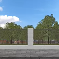 Building Exterior Wall With Metal Railings White Pillar Stone Pavement Green Trees And Blue Sky