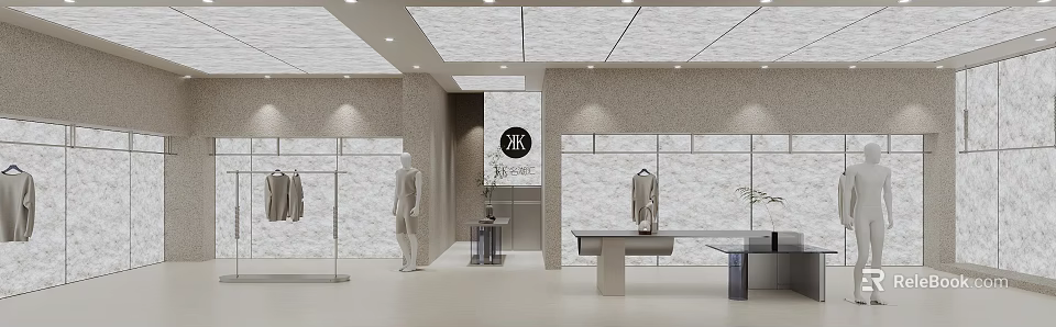 Modern Clothing Store Interior Design With Mannequin Display And Minimalist Tables 3d model 