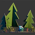 Cartoon Scene With Green Trees Blue Frog And Small Pond On Pink Ground