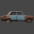 Rusty Blue Vintage Car With Beige Roof And Damaged Exterior Parts