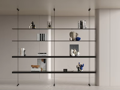 Modern Open Glass Shelf Bookcase With Books Decorative Sculptures And Vases 3d model