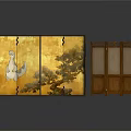 Japanese Folding Screens With Golden Background Crane Pine Design And Wooden Frame Beige Fabric