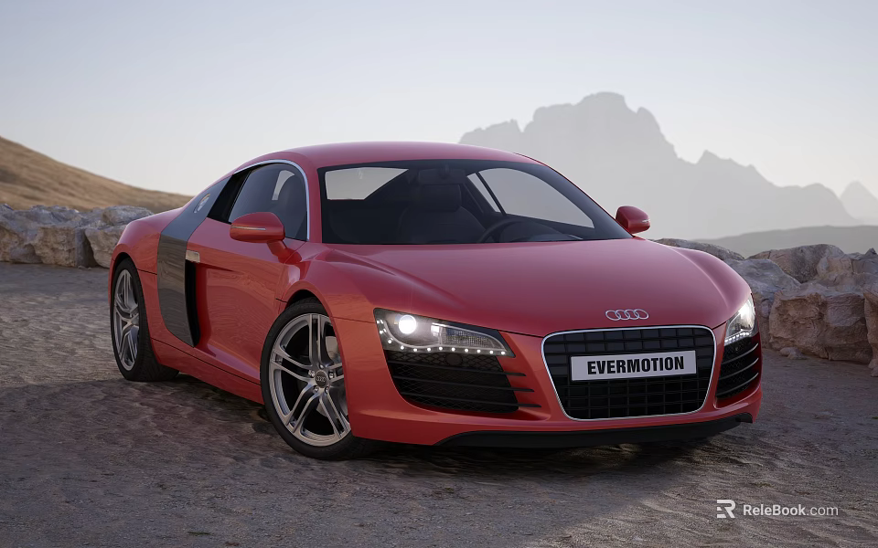 Red Audi Sports Car Parked On Rocky Terrain With Mountainous Background 3d model 