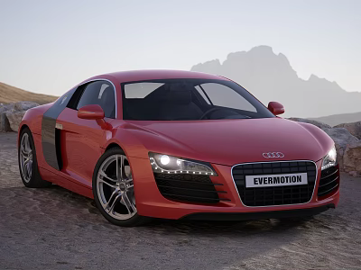 Red Audi Sports Car Parked On Rocky Terrain With Mountainous Background 3d model