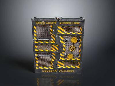 Industrial Metal Gate With Yellow Black Stripes Mesh Panels And Caution Signs 3d model