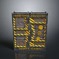 Industrial Metal Gate With Yellow Black Stripes Mesh Panels And Caution Signs