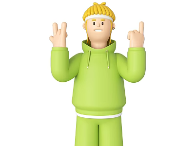 Happy Blonde Game Character In Green Hoodie With White Headband Making Peace Signs 3d model