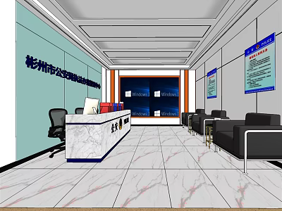 Modern Front Desk Reception Area With White Desk Computer Black Chair Information Boards And Marble Floor 3d model