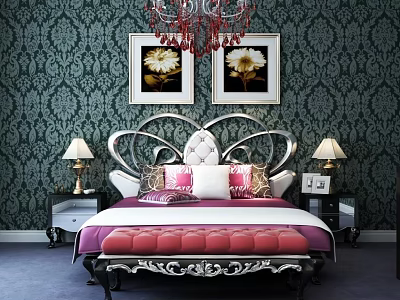 Double Bed with Dark Green Patterned Wallpaper Two Floral Paintings Silver Carved Headboard Red Chandelier 3d model